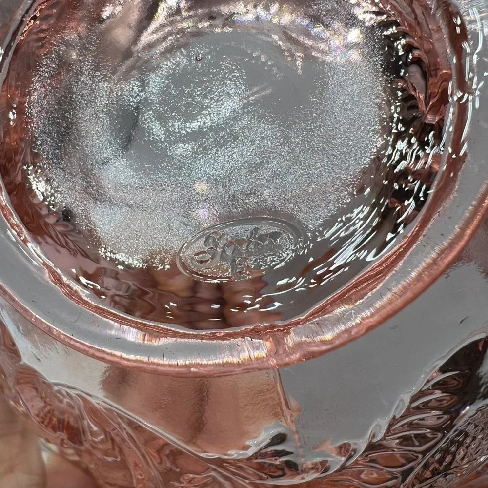 Dusty Rose by Fenton. Thin ruffled edges, rose pattern with applied handle.